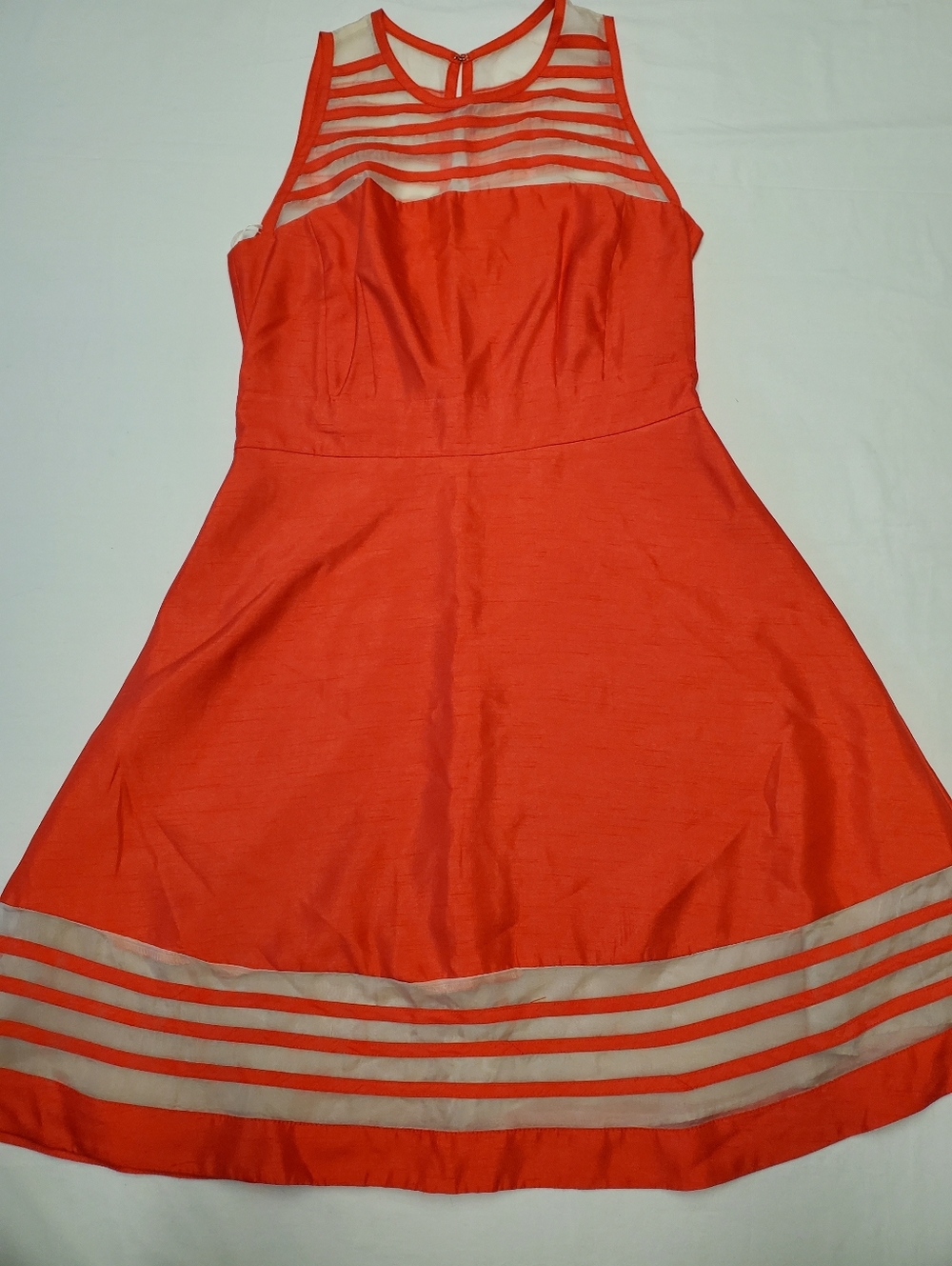 Taylor Coral Orange Fit & Flare Cocktail Dress | Sheer Mesh Stripe Neckline |